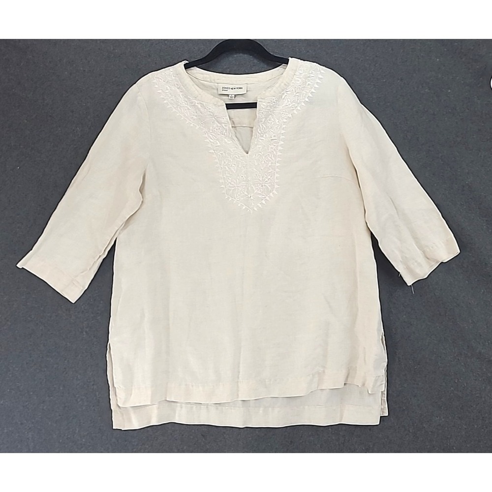 Beige Embroidered Linen Tunic Top Jones‎ New York Sport Sz L Beach Resort Cruise